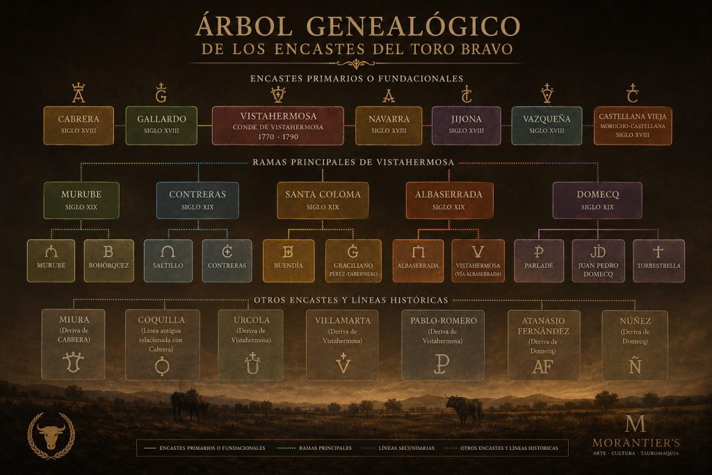 Árbol genealógico de los encastes fundacionales del toro bravo español